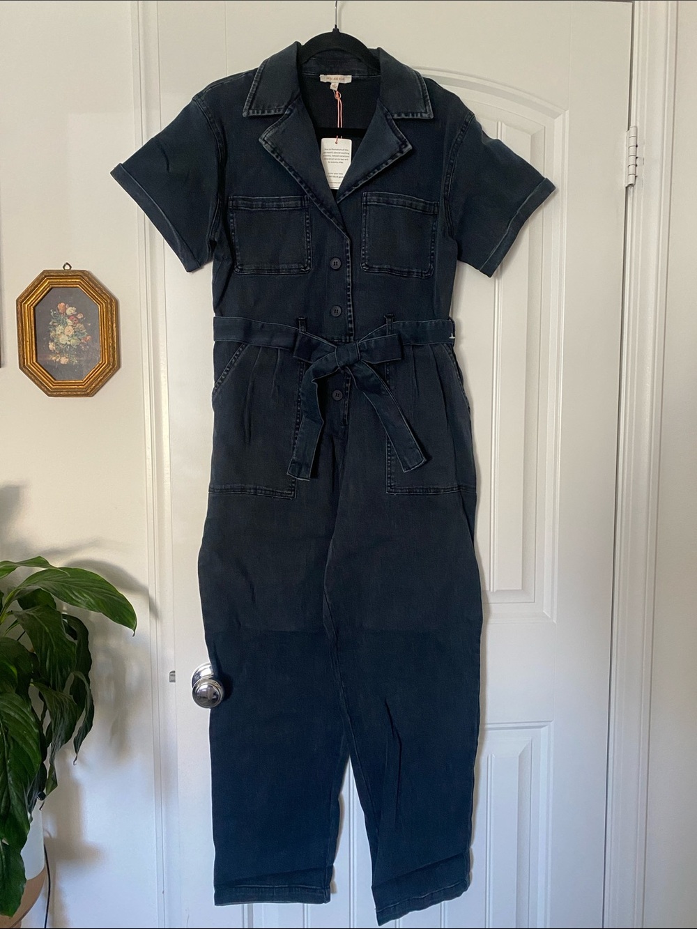 Skies Are Blue Women’s Dark Blue Denim Jumpsuit with Tie Waist